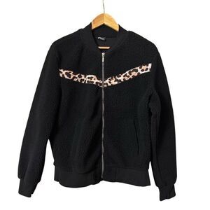 Zyia Active Black Leopard Flying V Fleece Jacket Medium